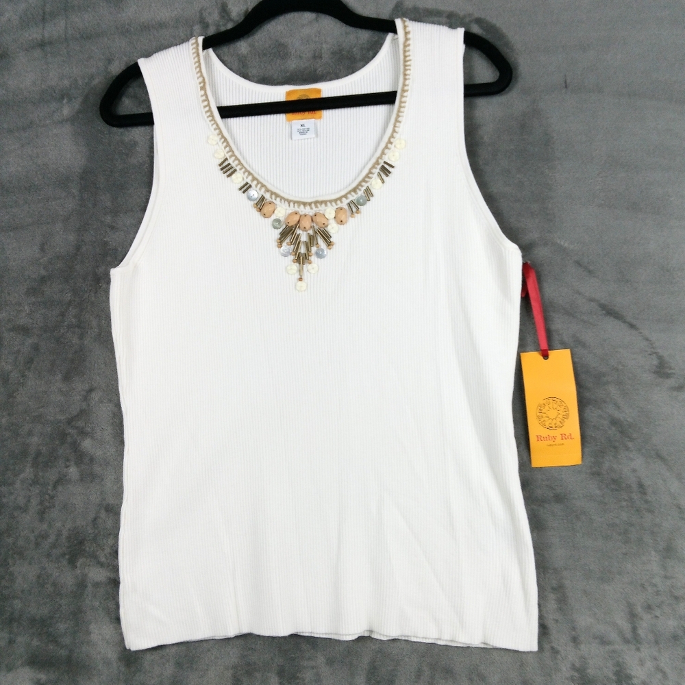 Ruby Rd Embellished Tank Top Size XL Ivory NEW